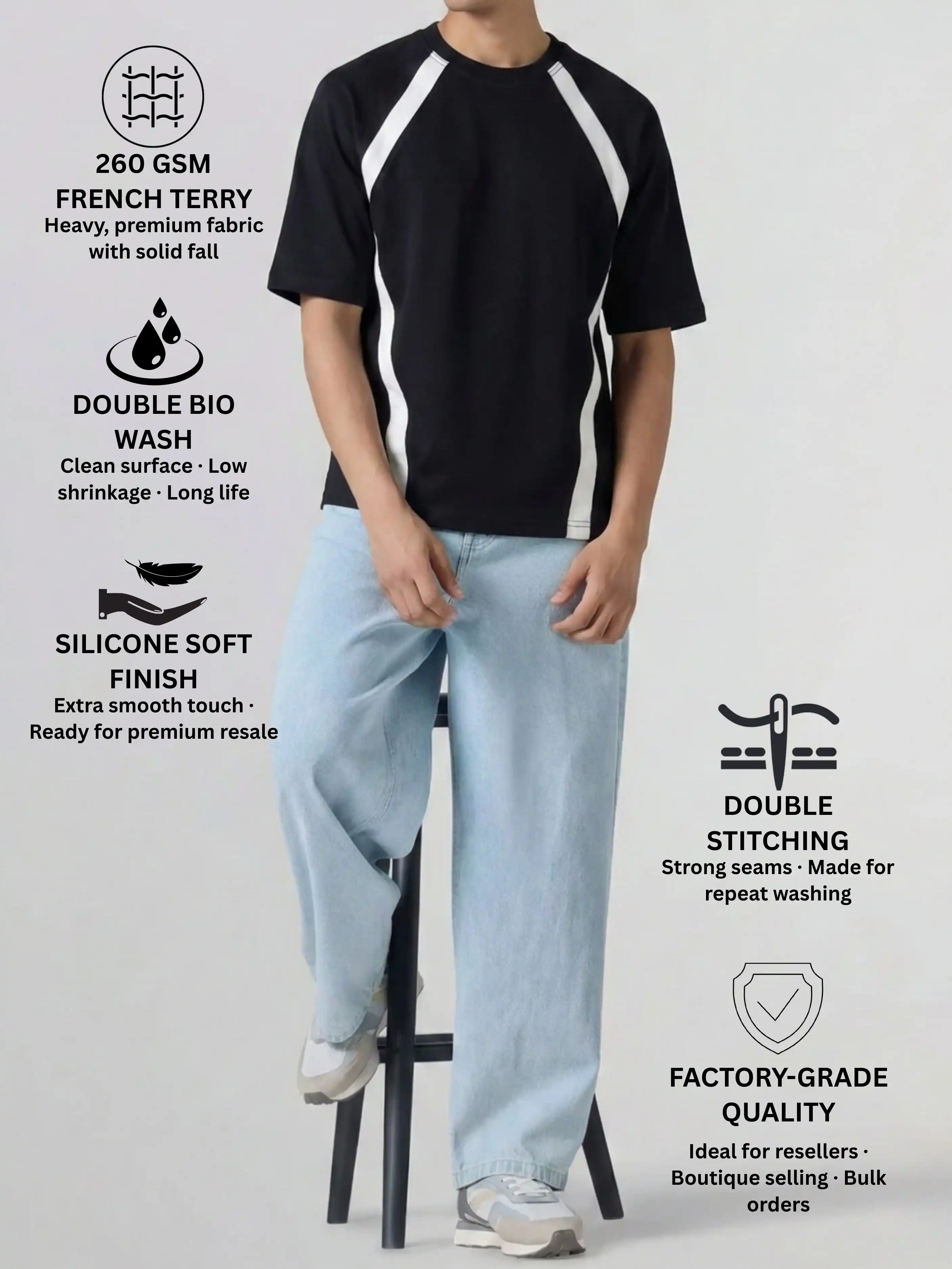 Men’s Oversized T-Shirt with Wrangler Sleeves – 260 GSM Cotton French Terry